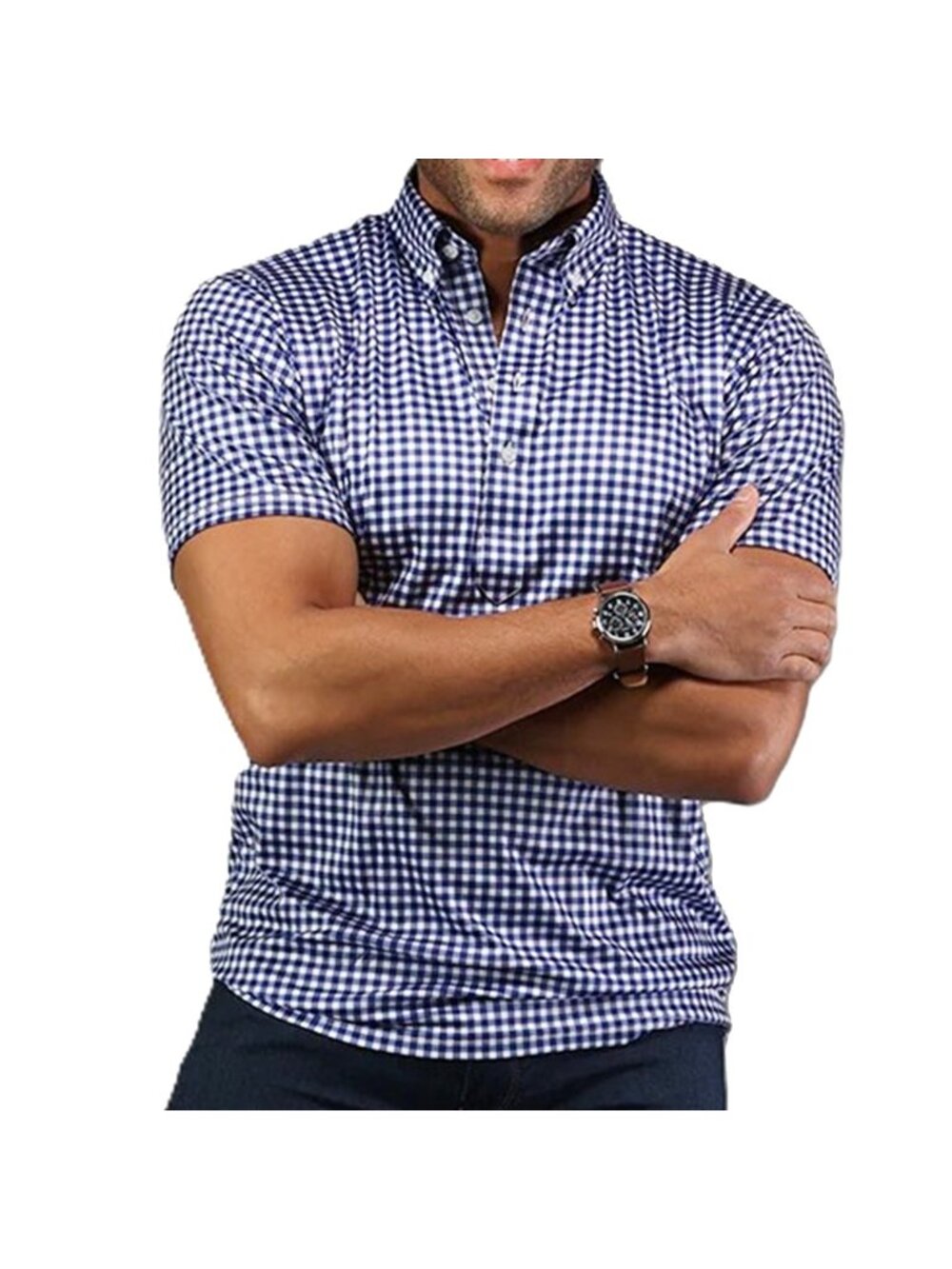Collars & Co Semi-Spread Collar Polo Small Navy Gingham Oxford Button Down Polo